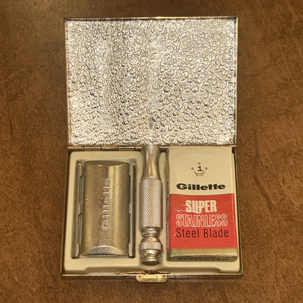Vtg Gillette Golden Razor w Blades Case Mirror Shaving Travel‎ Blades Set Lot F1